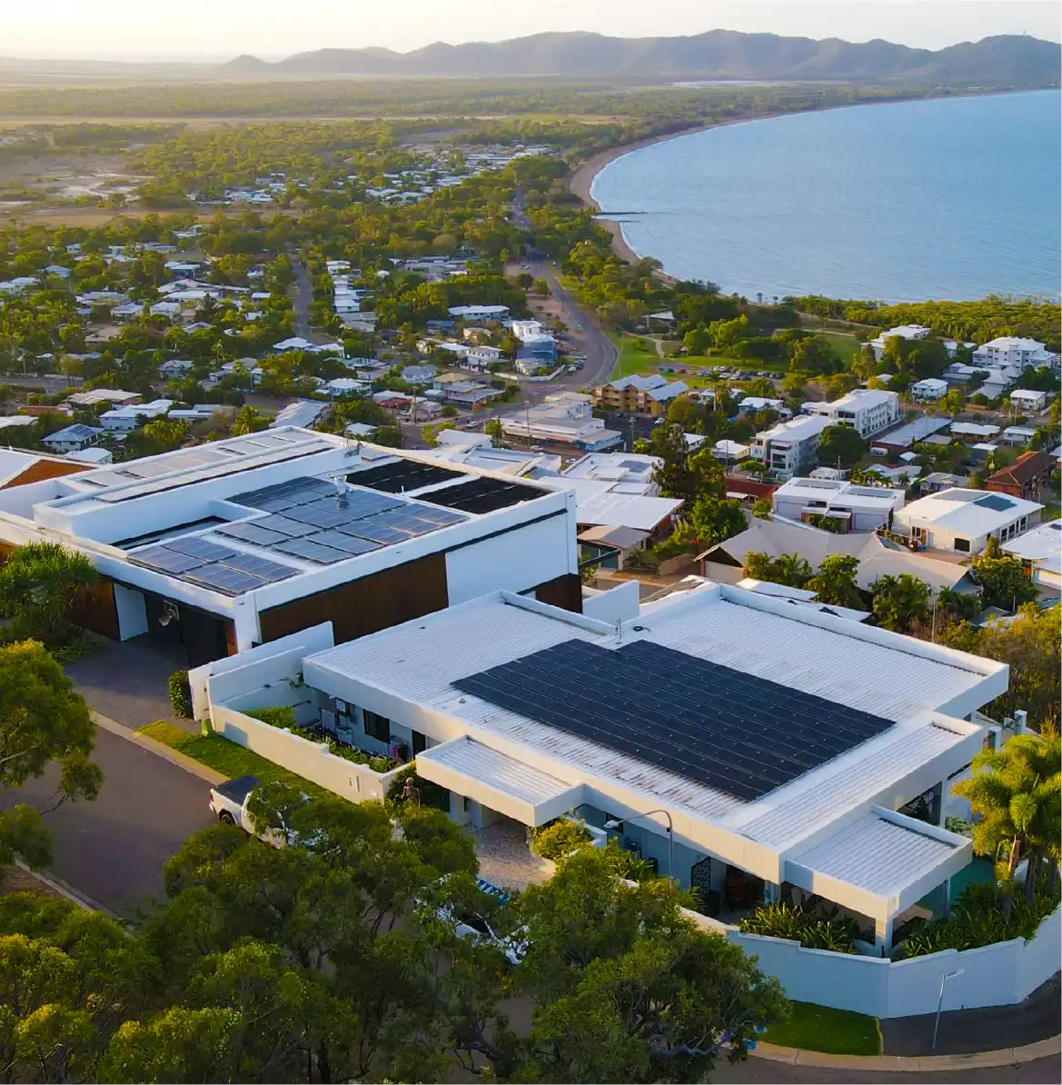 Aerial view of solar installation near the Townsville coast
